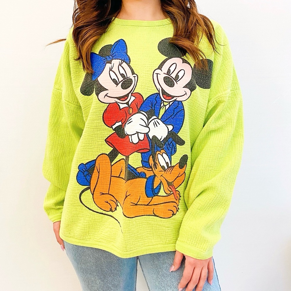 Vintage 80’s/90’s Yellow Green Mickey, Minnie & Pluto Sweatshirt✨